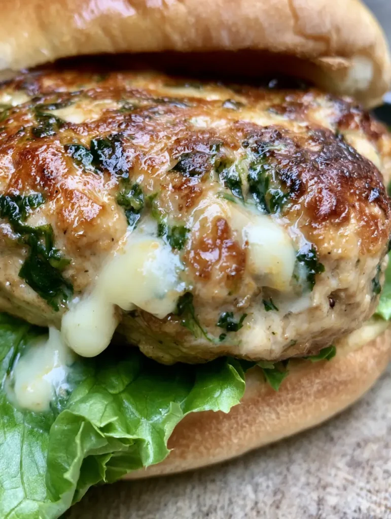 Nahaufnahme eines Hähnchen-Burgers mit sichtbaren Spinatstücken im Pattie und verlaufenem weißen Käse.
