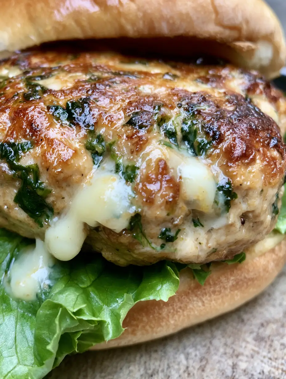 Nahaufnahme eines Hähnchen-Burgers mit sichtbaren Spinatstücken im Pattie und verlaufenem weißen Käse.