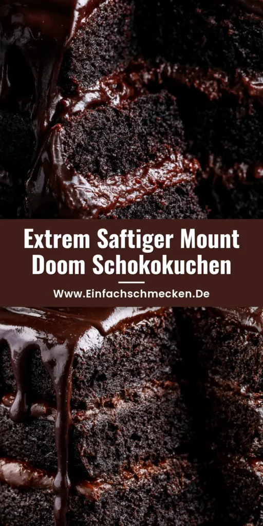Ein Anschnitt eines hohen, mehrschichtigen dunklen Schokoladenkuchens mit glänzender Ganache auf einem dunklen Teller. (Dunkler Schokoladenkuchen)