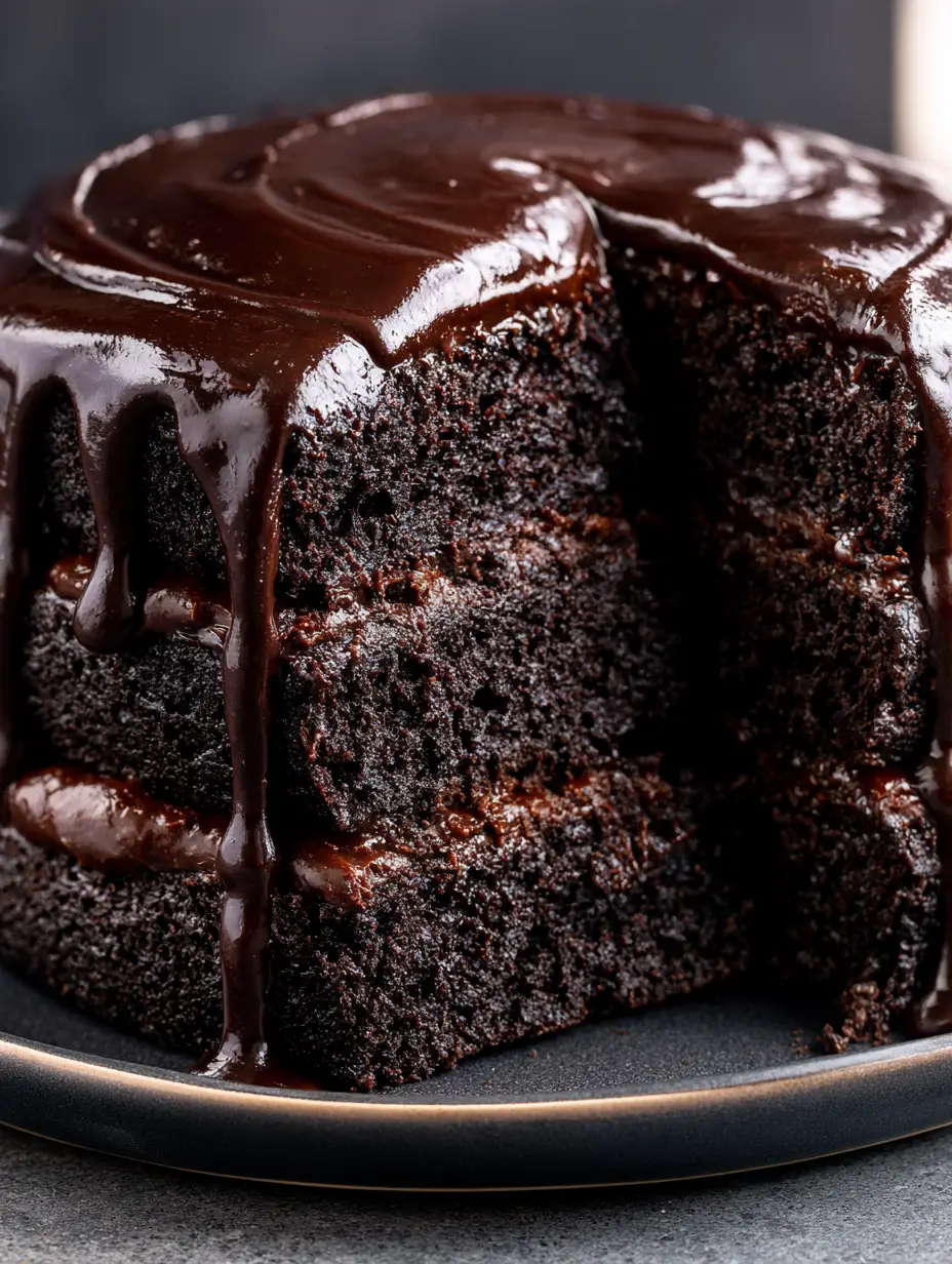 Nahaufnahme der porösen Textur des Kuchens und der schweren Ganache-Tropfen. (Dunkler Schokoladenkuchen)