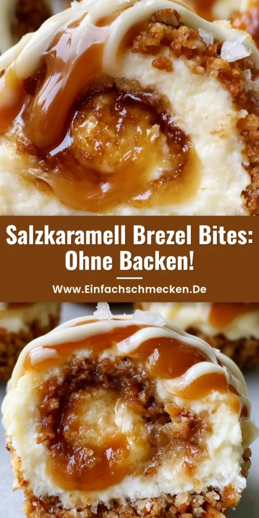 Salzkaramell Cheesecake Bites: Der ultimative No-Bake Party-Snack 3 Nahaufnahme von mundgerechten Salzkaramell Cheesecake Bites mit Brezelboden, weißer Schokolade und Karamell-Swirl auf grauem Hintergrund.