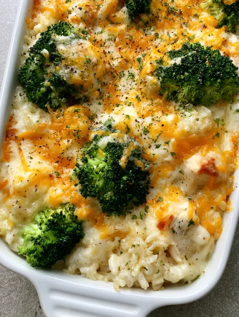 Hähnchen-Brokkoli-Reis-Auflauf: Das ultimative cremige Familienrezept 1 Detailaufnahme von saftigem Hähnchen und grünem Brokkoli in Béchamelsauce.