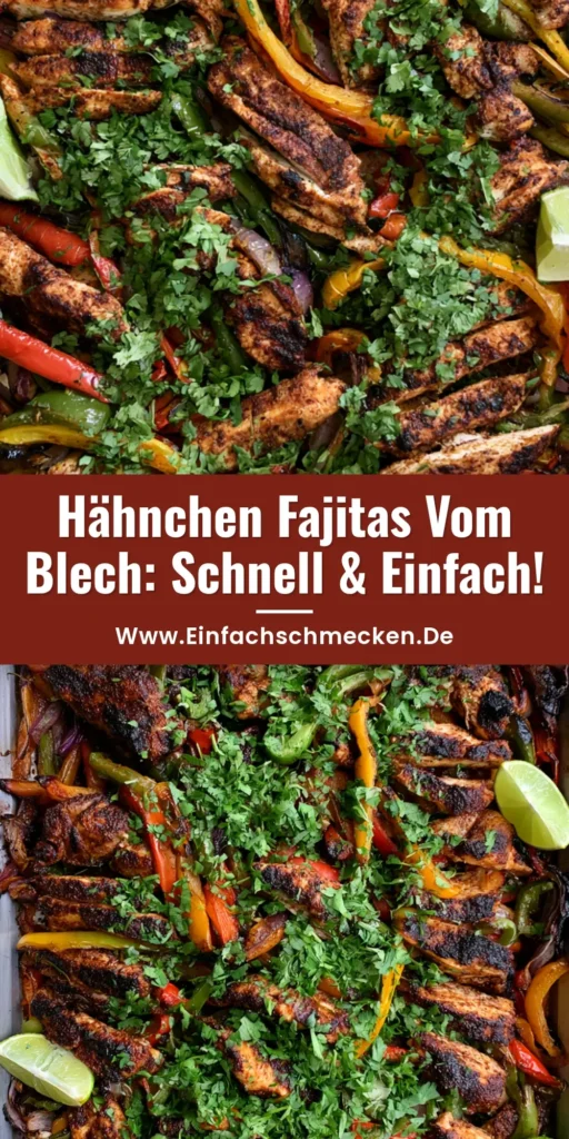 Hähnchen Fajitas vom Blech: Das ultimative 20-Minuten-Rezept für Feierabend-Helden 3 Draufsicht auf ein Backblech mit Hähnchen Fajitas vom Blech, gerösteten Paprika, Zwiebeln, Koriander und Limetten.