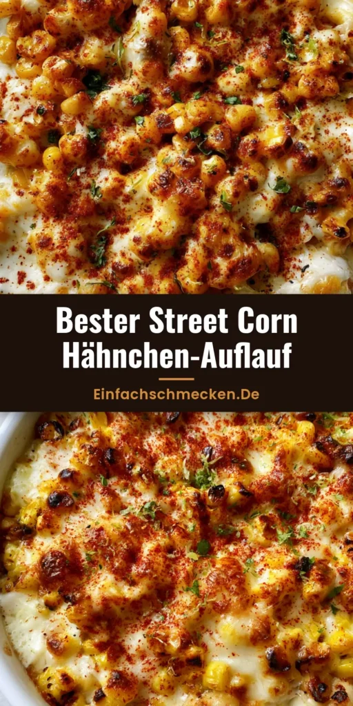 Hähnchen-Auflauf mit Mais: Cremiger Street Corn Genuss für die ganze Familie 3 Ein cremiger Hähnchen-Auflauf mit Mais in einer weißen Form, getoppt mit geschmolzenem Mozzarella, geröstetem Mais, Koriander und Chili.