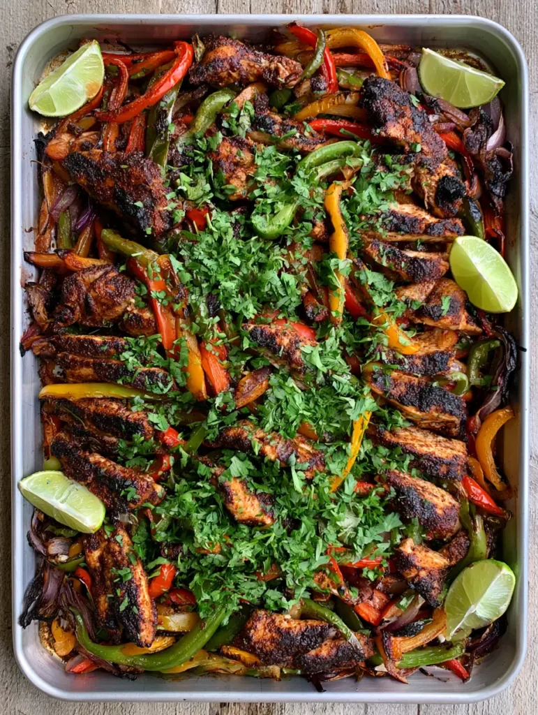 Nahaufnahme von Hähnchen Fajitas vom Blech mit sichtbaren Röstaromen an Paprika und Fleisch.