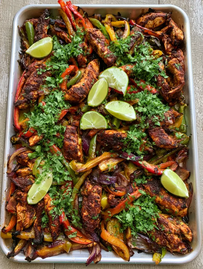 Hähnchen Fajitas vom Blech: Das ultimative 20-Minuten-Rezept für Feierabend-Helden 1 Servierfertige Hähnchen Fajitas vom Blech mit Limettenspalten und frischem Koriander.