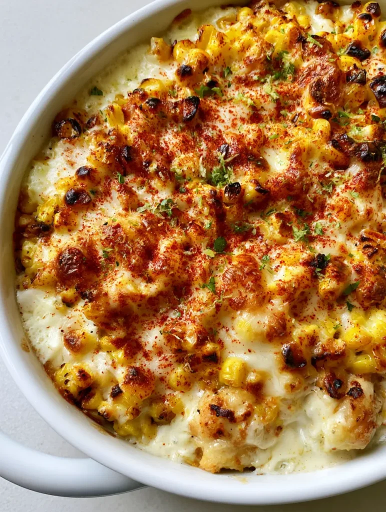 Nahaufnahme von Hähnchen-Auflauf mit Mais mit goldbraunem Käse und frischem Koriander.