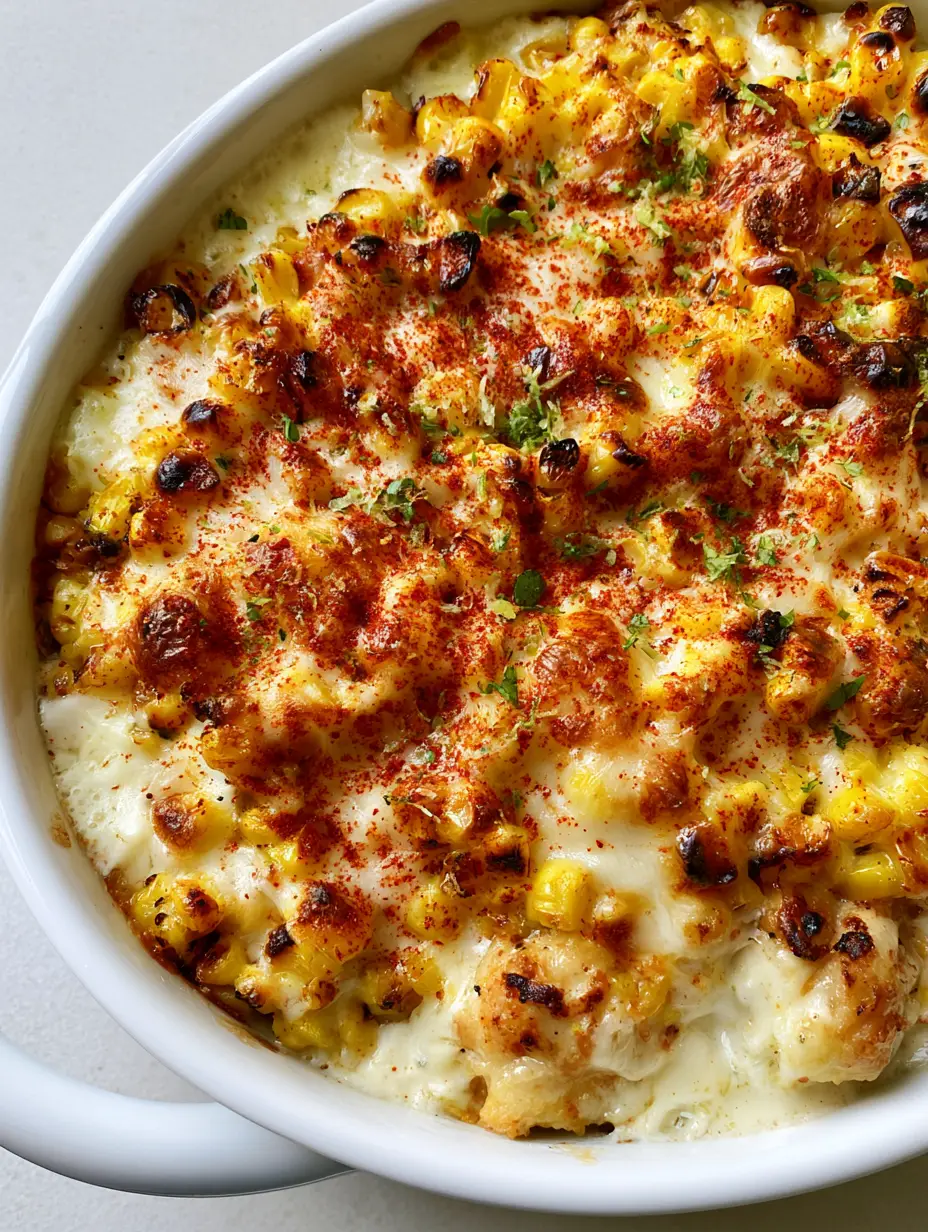 Hähnchen-Auflauf mit Mais: Cremiger Street Corn Genuss für die ganze Familie 4 Nahaufnahme von Hähnchen-Auflauf mit Mais mit goldbraunem Käse und frischem Koriander.