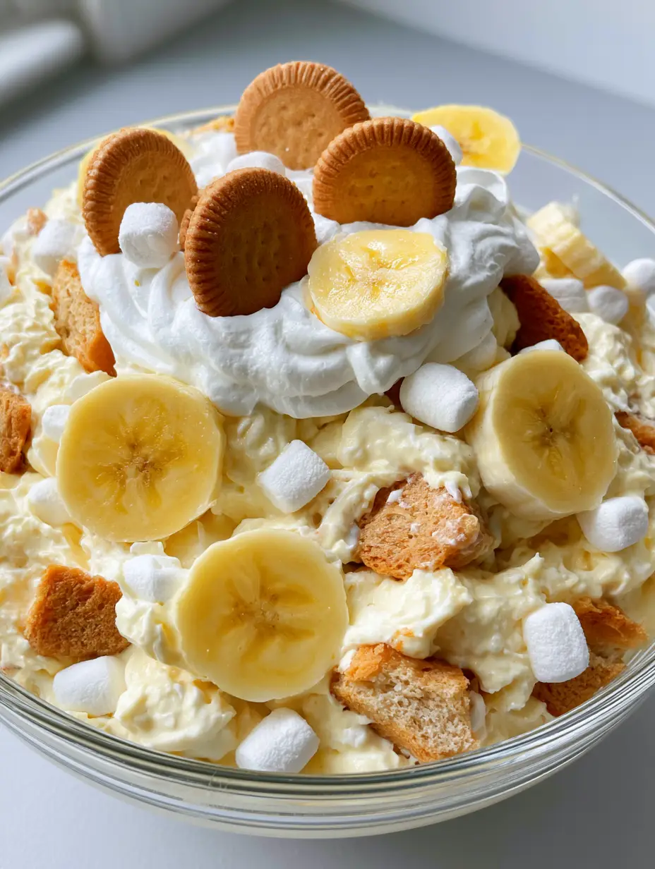 Nahaufnahme von cremigem Bananen-Pudding-Fluff mit Marshmallows und Bananenscheiben.