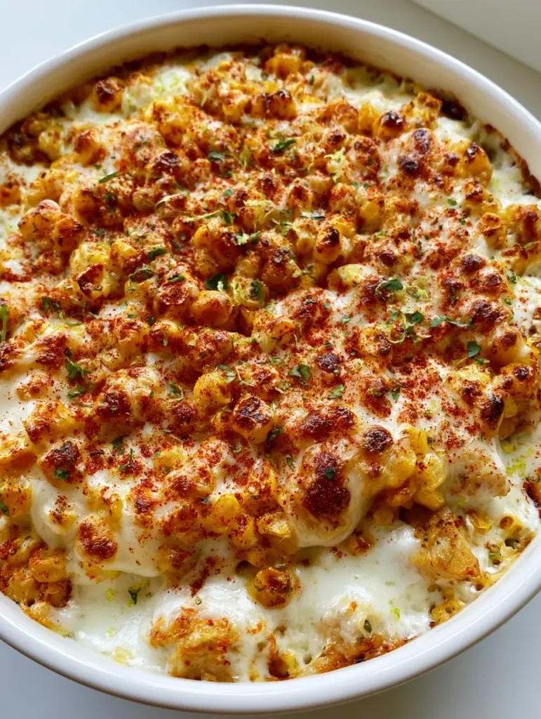 Hähnchen-Auflauf mit Mais: Cremiger Street Corn Genuss für die ganze Familie 1 Draufsicht auf einen fertig gebackenen Hähnchen-Auflauf mit Mais in einer Keramikform.