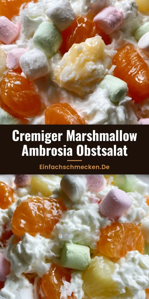 Ambrosia Obstsalat: Das ultimative Rezept für den cremigen Retro-Klassiker 3 Ein klassischer Ambrosia Obstsalat in einer Glasschüssel mit bunten Marshmallows, Mandarinen und Kirschen.