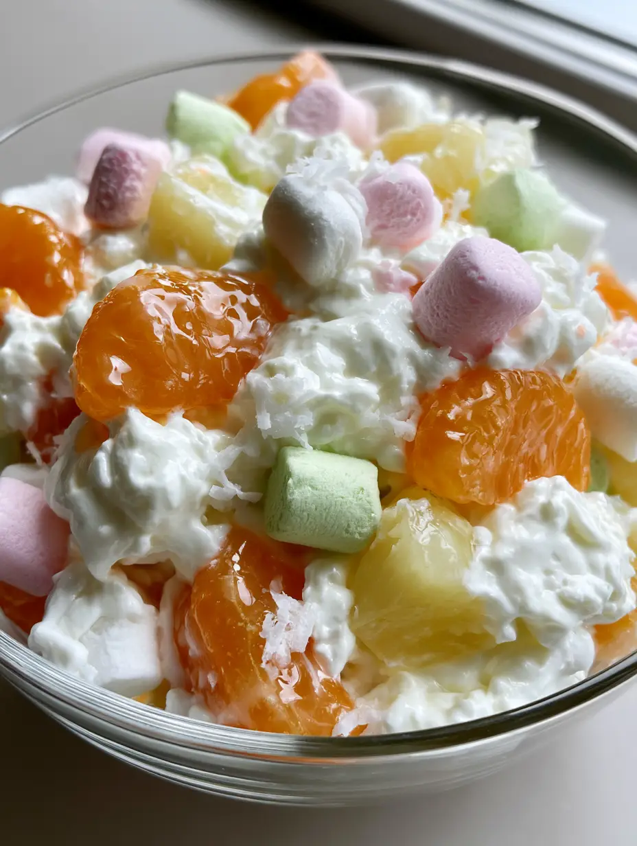 Ambrosia Obstsalat: Das ultimative Rezept für den cremigen Retro-Klassiker 4 Nahaufnahme von Ambrosia Obstsalat mit samtigem Dressing und Kokosraspel.