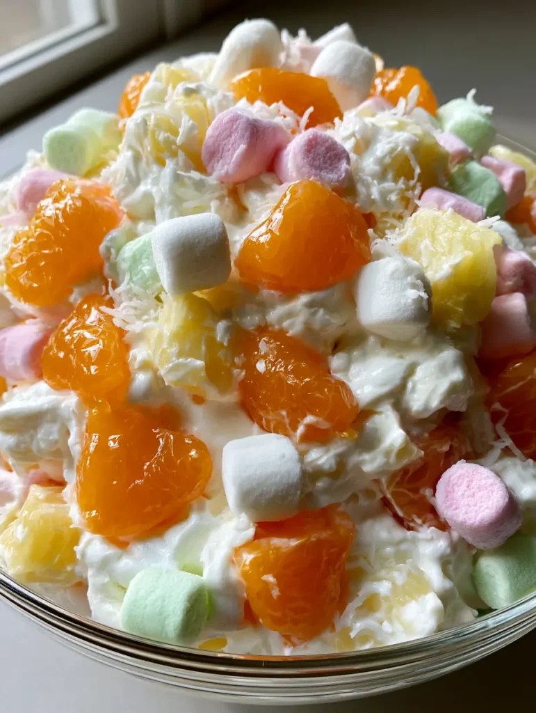 Ambrosia Obstsalat: Das ultimative Rezept für den cremigen Retro-Klassiker 1 Servierfertiger Ambrosia Obstsalat in einer klaren Schüssel auf einem neutralen Tisch.