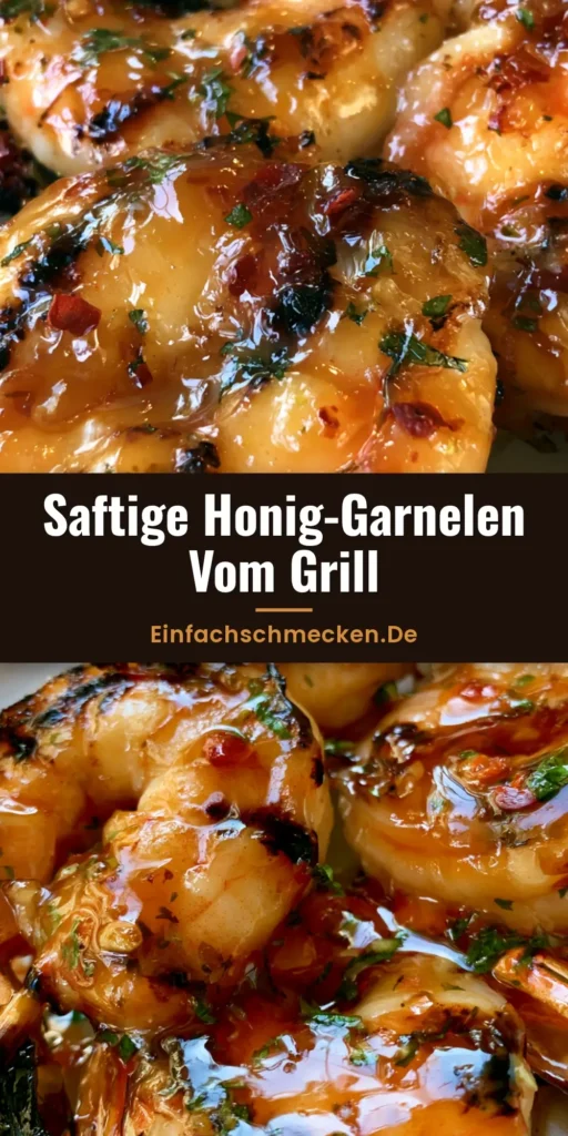 Mehrere gegrillte Garnelenspieße mit glänzender Honigglasur, Grillstreifen und frischer Petersilie auf einem Teller. (Garnelen grillen)