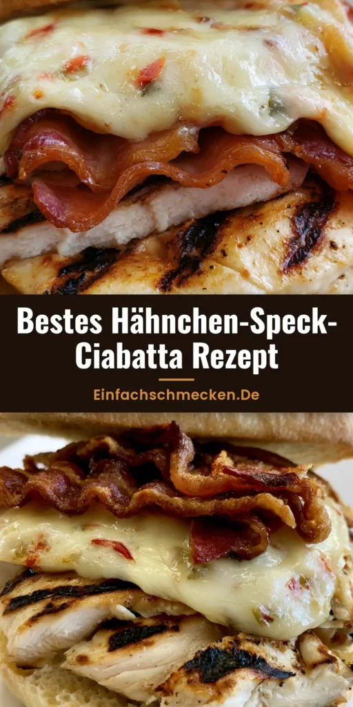 Nahaufnahme eines fertig belegten Hähnchen-Speck-Ciabatta mit geschmolzenem Käse und Grillstreifen auf dem Hähnchen.