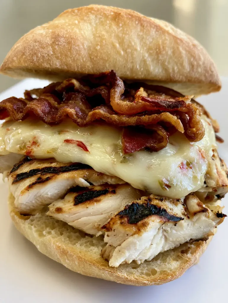 Detaillierte Ansicht der Sandwich-Schichten: gegrillte Hähnchenbrust, krosser Speck und Pepper Jack Käse auf einem Ciabatta-Brötchen.