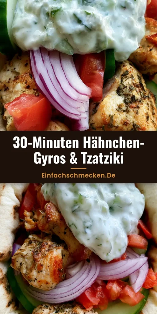 Ein fertig angerichtetes Hähnchen Gyros in einem weichen Pita-Brot mit Tzatziki, Tomaten und roten Zwiebeln. (Hähnchen Gyros Rezept)
