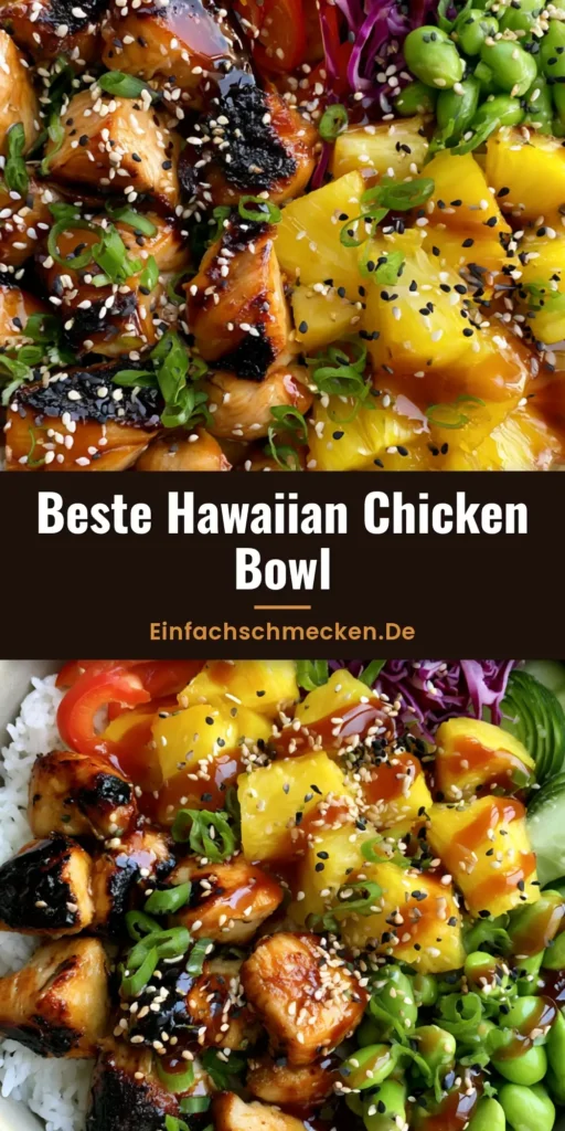 Draufsicht einer Hawaiian Chicken Bowl mit gegrilltem Hähnchen, Ananas, Rotkohl und Sesam in einer matten Schüssel.