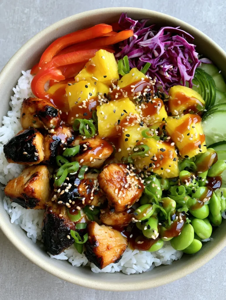 Nahaufnahme einer Hawaiian Chicken Bowl mit Jasminreis, Teriyaki-Hähnchen und frischem Gemüse.