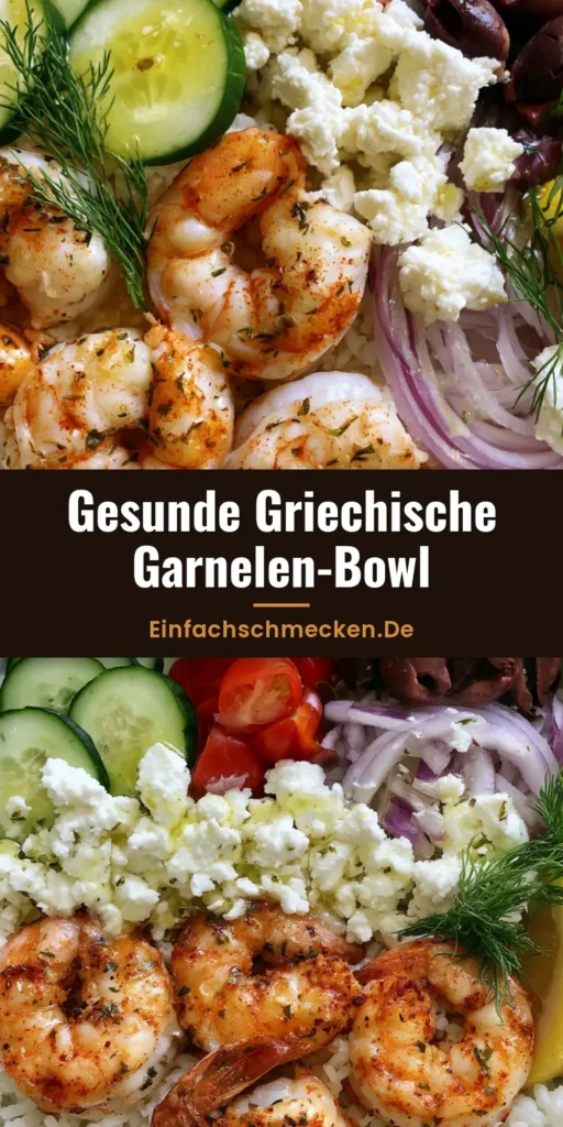 Draufsicht einer Griechischen Garnelen Bowl mit gebratenen Garnelen, Reis, Tomaten, Gurken, Oliven und Feta in einer weißen Schüssel.