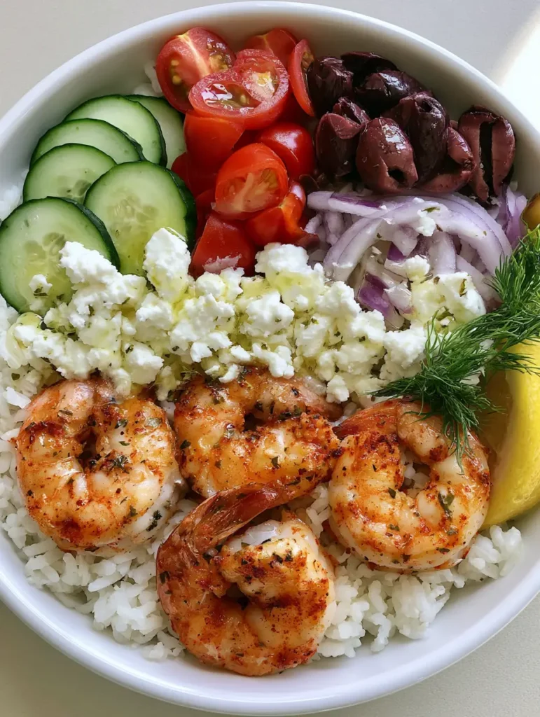 Nahaufnahme von saftig gebratenen Garnelen mit Paprika-Gewürz auf einem Bett aus Reis in einer Griechischen Garnelen Bowl.