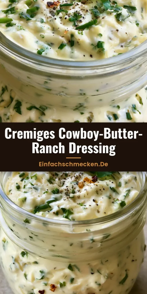 Cowboy-Butter-Ranch-Dressing: Das ultimative Rezept für maximalen Geschmack 4 Ein Glas Cowboy-Butter-Ranch-Dressing in einem Mason Jar mit frischen Kräutern und Chiliflocken garniert.