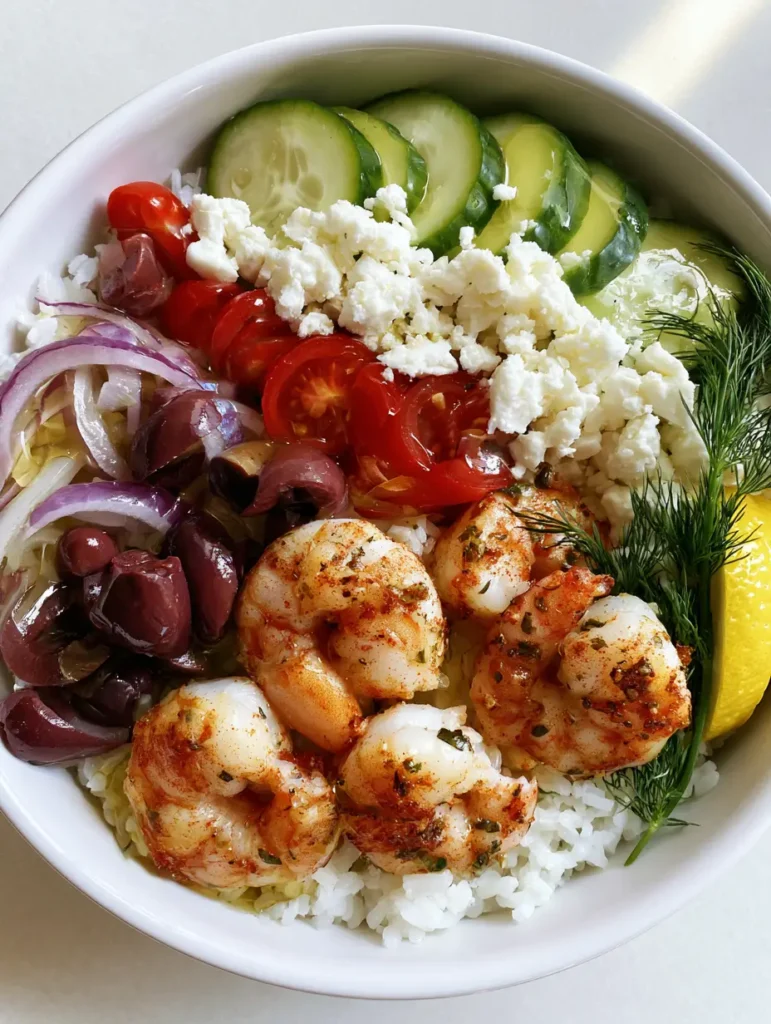 Bunt angerichtete Griechische Garnelen Bowl mit frischem Dill, Feta und Zitronenspalten.