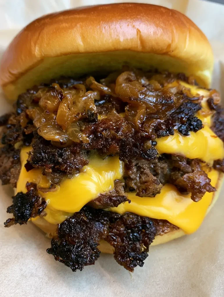 Nahaufnahme eines Oklahoma Onion Smash Burgers mit tief karamellisierten Zwiebeln und glänzendem Brioche Bun.
