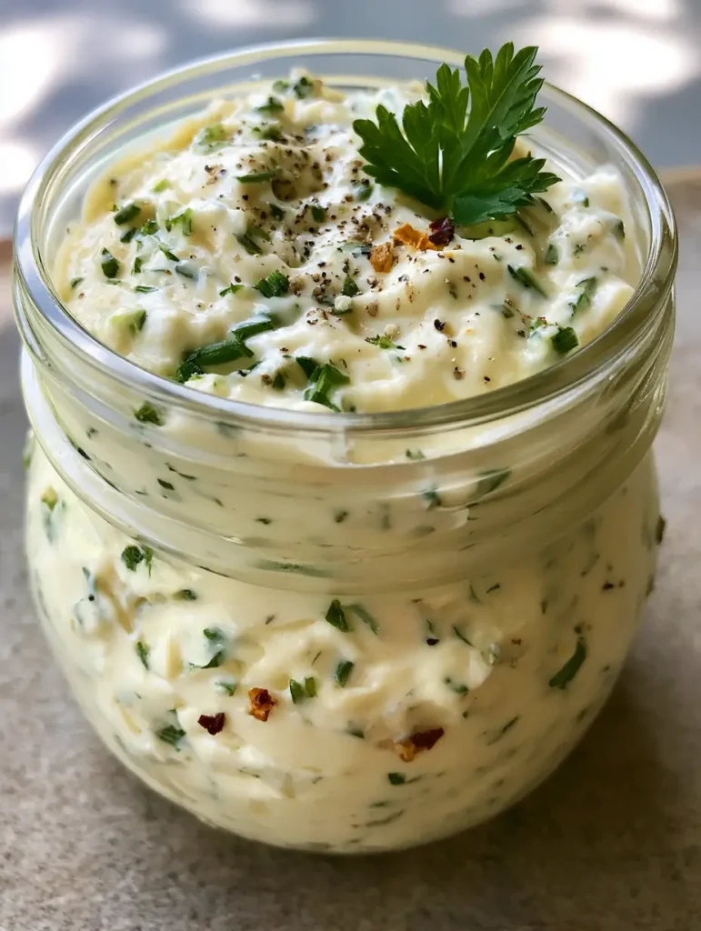Nahaufnahme von cremigen Cowboy-Butter-Ranch-Dressing mit sichtbaren Kräutern und Gewürzen.