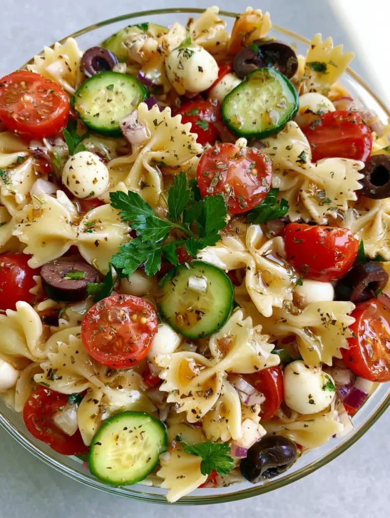 Draufsicht auf einen frischen Italienischen Nudelsalat mit roten Kirschtomaten und grüner Gurke.