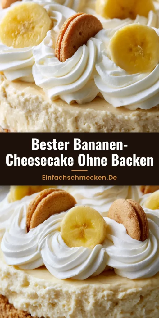 Bananen-Pudding Cheesecake: Das ultimative No-Bake Dessert 4 Ein köstlicher Bananen-Pudding Cheesecake mit Sahnetupfern, Bananenscheiben und Vanillekeksen auf einem hellen Teller.