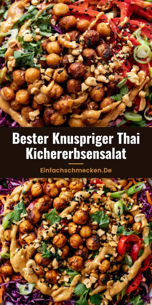 Thai Kichererbsensalat mit gerösteten Kichererbsen & Erdnuss-Dressing 4 Nahaufnahme eines bunten Thai Kichererbsensalat in einer Schüssel mit gerösteten Kichererbsen, Rotkohl und Erdnuss-Dressing.