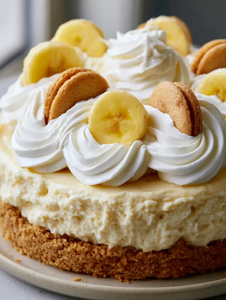 Nahaufnahme eines Stücks Bananen-Pudding Cheesecake mit cremiger Füllung und Keksboden.