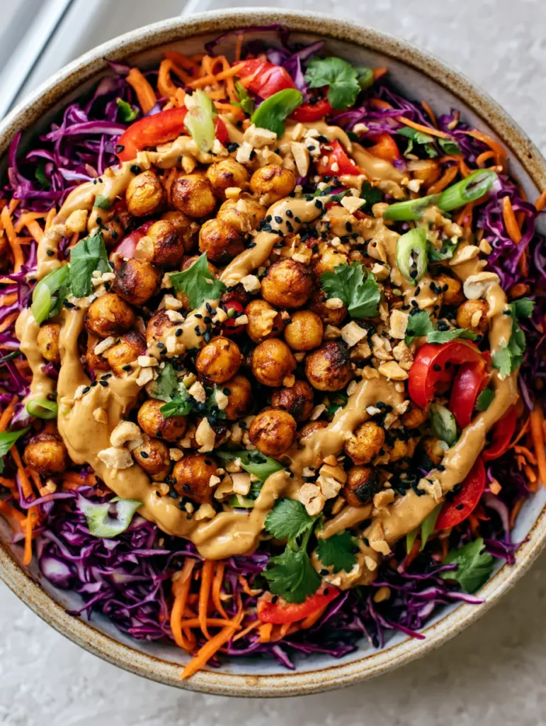 Draufsicht auf den Thai Kichererbsensalat mit goldbraunen Kichererbsen, roten Paprikastreifen und frischem Koriander auf grauem Steinuntergrund.