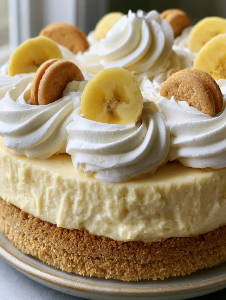 Bananen-Pudding Cheesecake: Das ultimative No-Bake Dessert 1 Bananen-Pudding Cheesecake von oben fotografiert, dekoriert mit Sahne und Bananen.