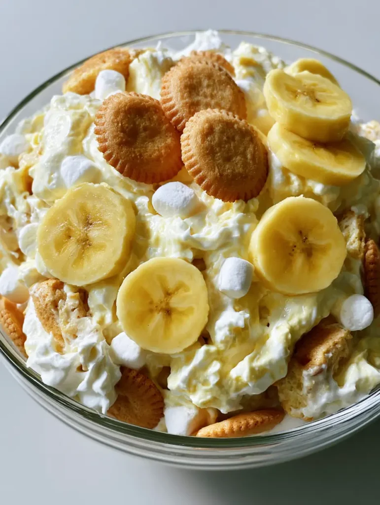 Draufsicht auf eine Servierschüssel mit Bananen-Pudding-Fluff und ganzen Eierplätzchen.