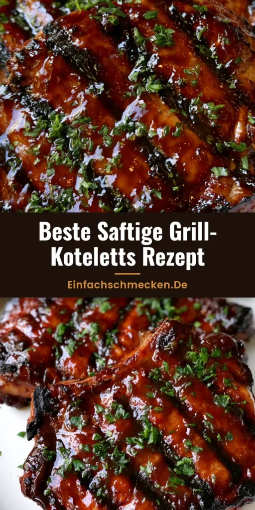 Gegrillte Schweinekoteletts mit karamellisiertem Braunzucker-Glaze 3 Zwei saftige gegrillte Schweinekoteletts mit dunkler Zuckerglasur, Grillstreifen und Petersilie auf einem weißen Teller.