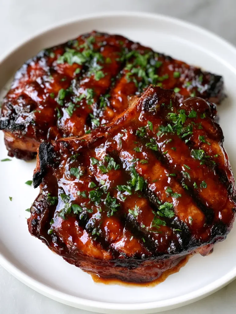 Nahaufnahme von gegrillten Schweinekoteletts mit glänzender Glasur und schwarzen Grillmarken.