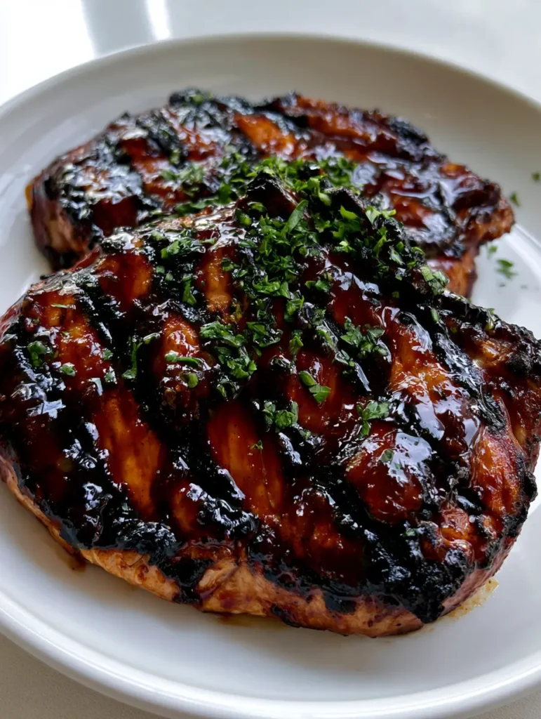 Gegrillte Schweinekoteletts mit karamellisiertem Braunzucker-Glaze 1 Gegrillte Schweinekoteletts auf einem schlichten weißen Teller in natürlichem Tageslicht.