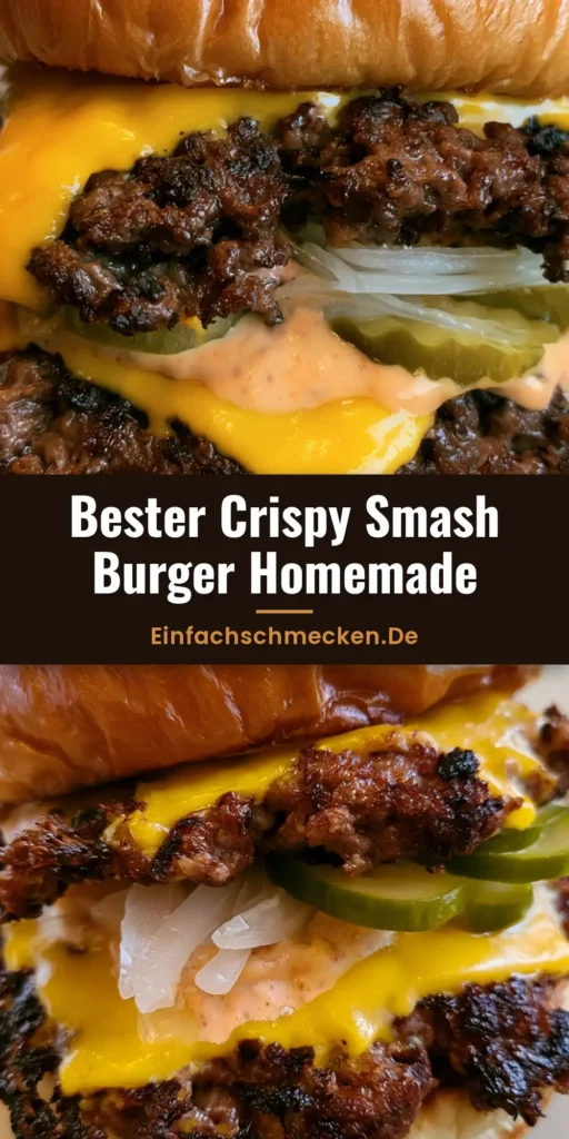 Nahaufnahme eines Doppel-Smash-Burgers mit knusprigen Fleischrändern, geschmolzenem Cheddar und Brioche-Bun. (Smash Burger Rezept)