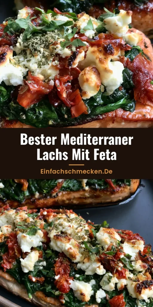 Zwei saftige Lachsfilets mit geschmolzenem Feta, Spinat und getrockneten Tomaten in einer dunklen Auflaufform - Lachs mit Feta aus dem Ofen.