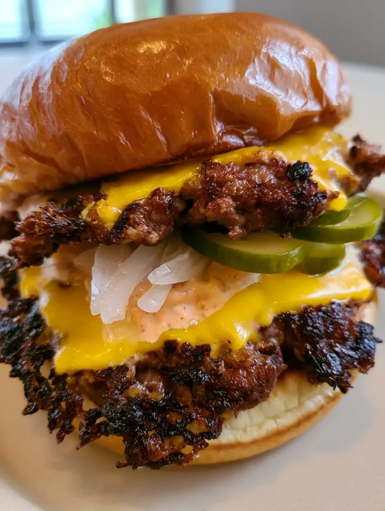 Ein saftiger Double Smash Burger mit lacy edges und geschmolzenem gelben Käse auf neutralem Hintergrund. (Smash Burger Rezept)