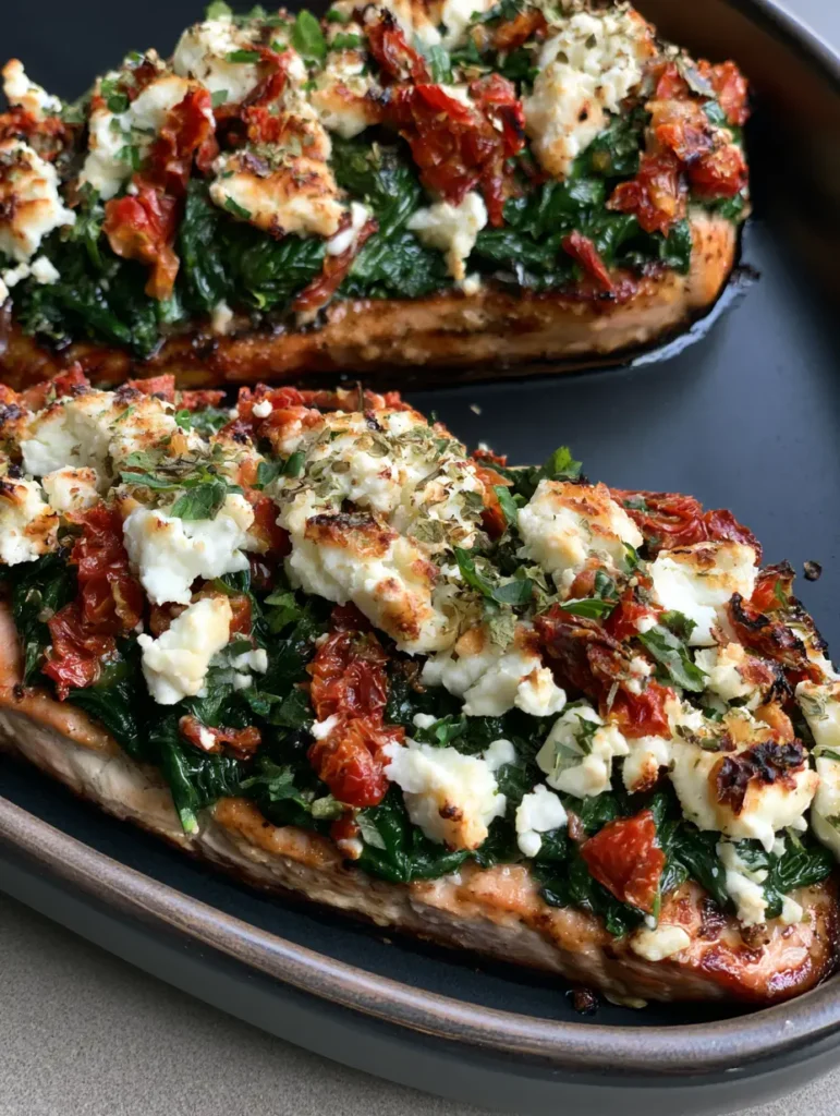 Nahaufnahme von Lachs mit Feta aus dem Ofen, dekoriert mit frischen Kräutern und Olivenöl.