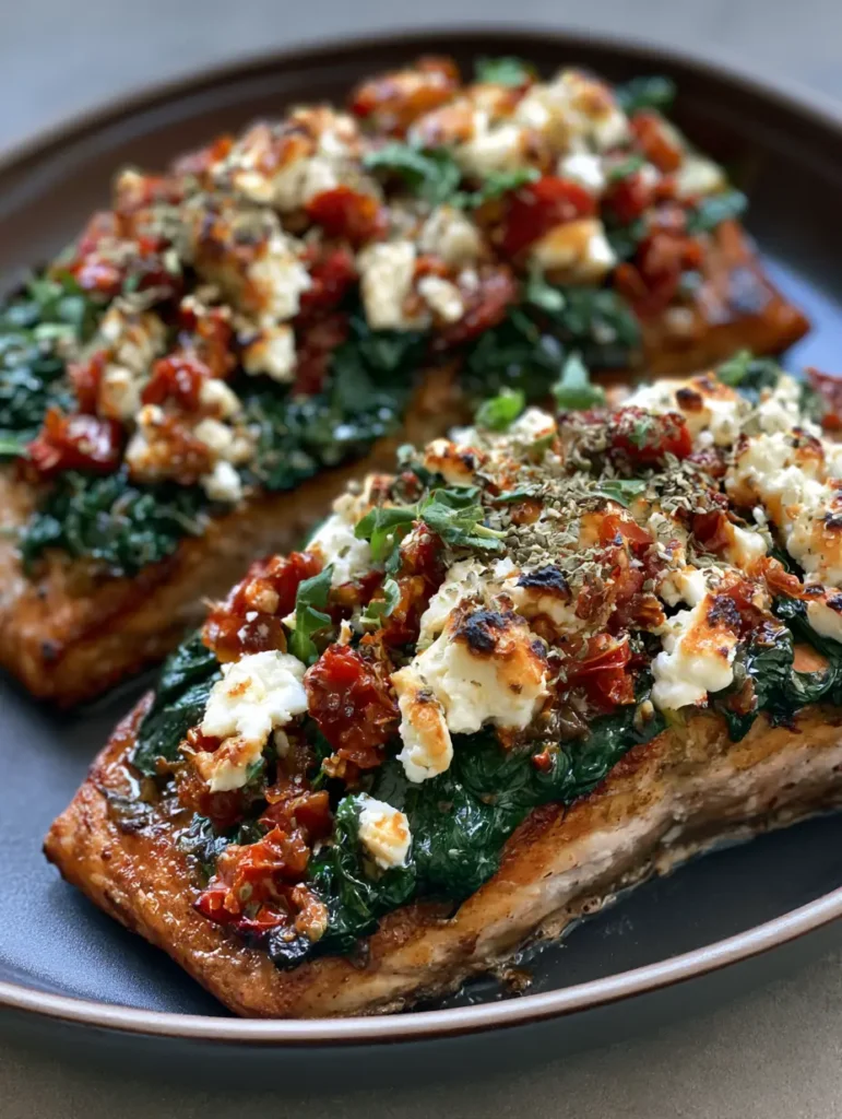 Lachs mit Feta aus dem Ofen serviert in einer eleganten dunklen Keramikschale.