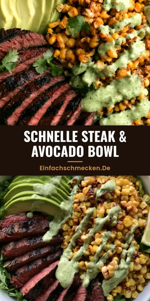 Steak Avocado Bowl: Das ultimative Rezept für Genießer 4 Draufsicht einer Steak Avocado Bowl mit medium-raren Steakstreifen, gefächerter Avocado, geröstetem Mais und cremiger Koriandersauce.