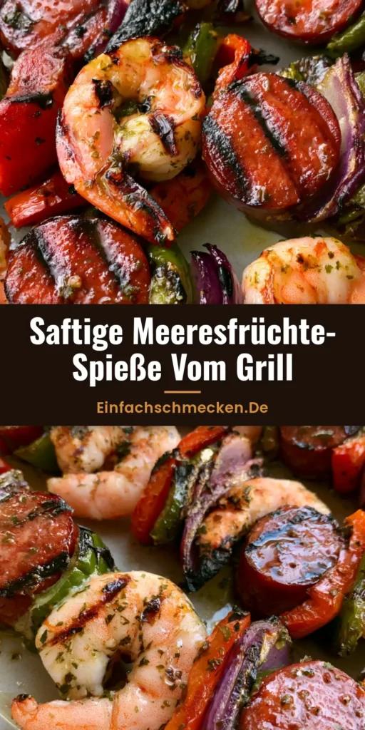 Mehrere fertig gegrillte Meeresfrüchte-Spieße mit Garnelen, Wurst und Paprika auf einem Teller. (Meeresfrüchte-Spieße grillen)