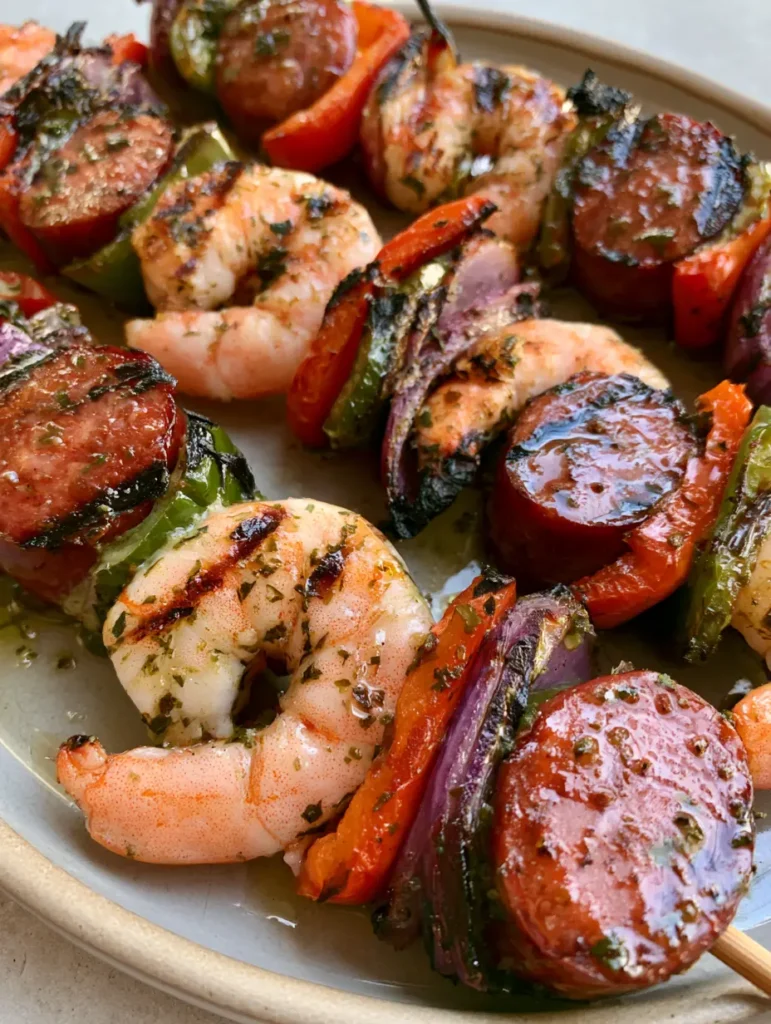 Nahaufnahme von gegrillten Garnelen und Wurstscheiben mit Grillmarkierungen. (Meeresfrüchte-Spieße grillen)