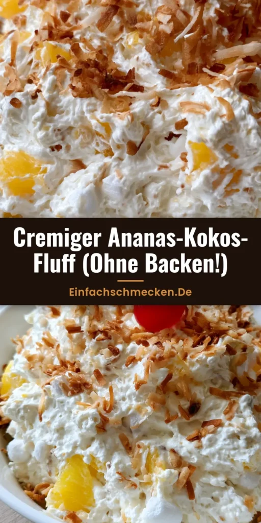 Cremiges Ananas Kokos Dessert in einer weißen Schüssel mit Marshmallows und gerösteten Kokoschips.