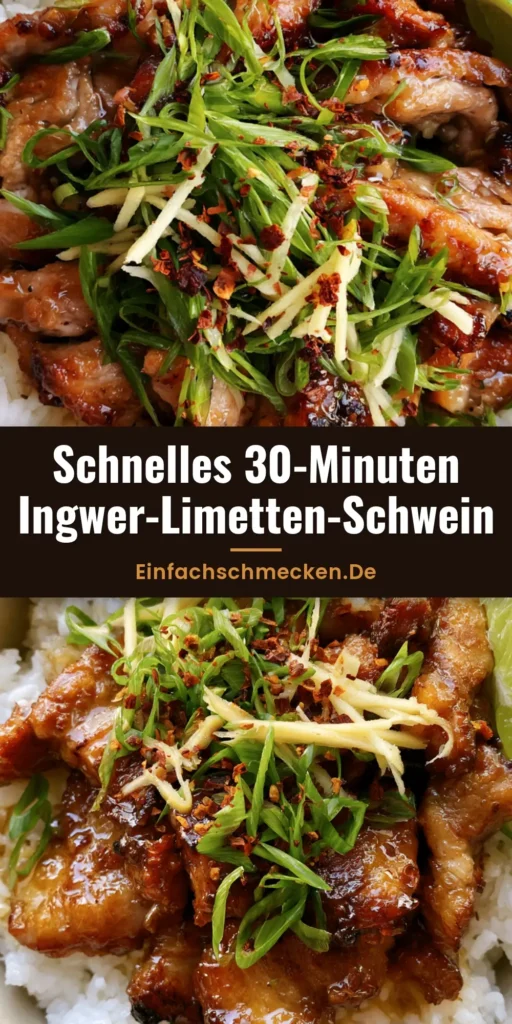 Ingwer-Limetten-Schwein: Das ultimative Asia-Rezept für Genießer 4 Eine Schüssel mit Ingwer-Limetten-Schwein auf Kokosreis, garniert mit Frühlingszwiebeln und Chiliflocken.