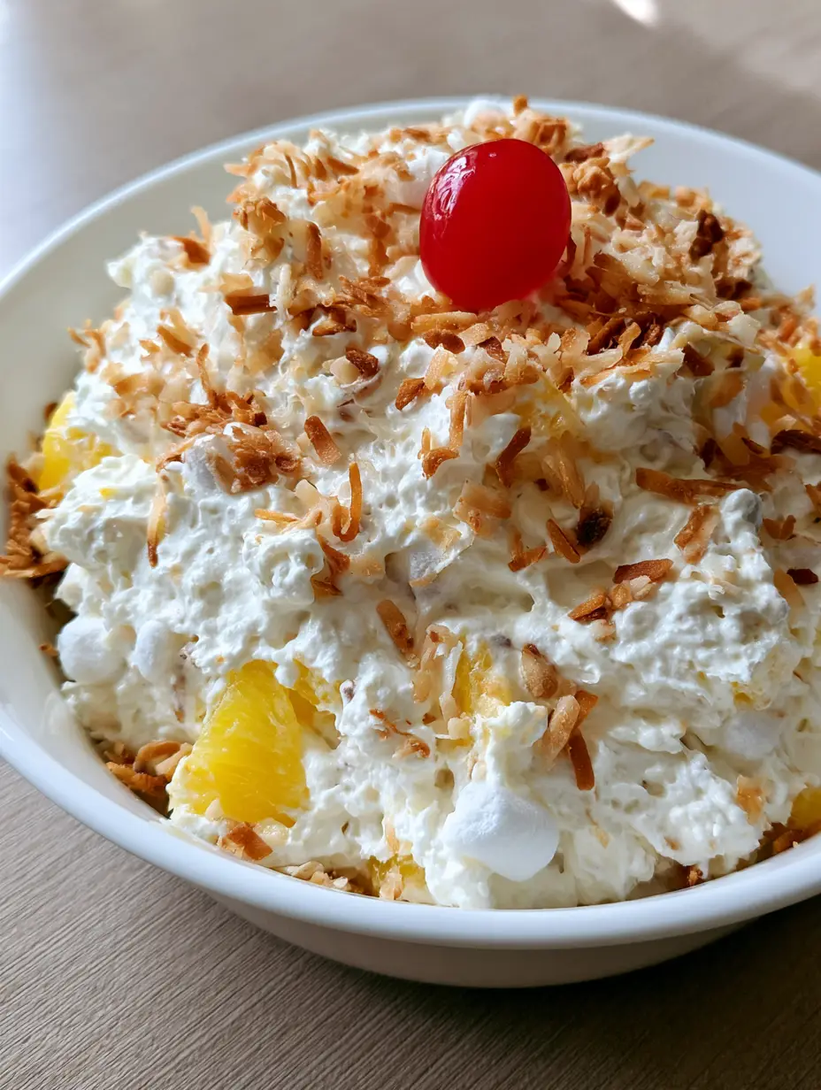 Nahaufnahme von Ananas Kokos Dessert mit leuchtend gelben Ananasstücken und Kirsche.